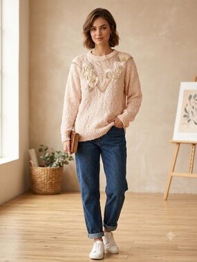 Vintage Editions Pastel Pink Floral Applique Beaded Slub Knit Sweater M​
